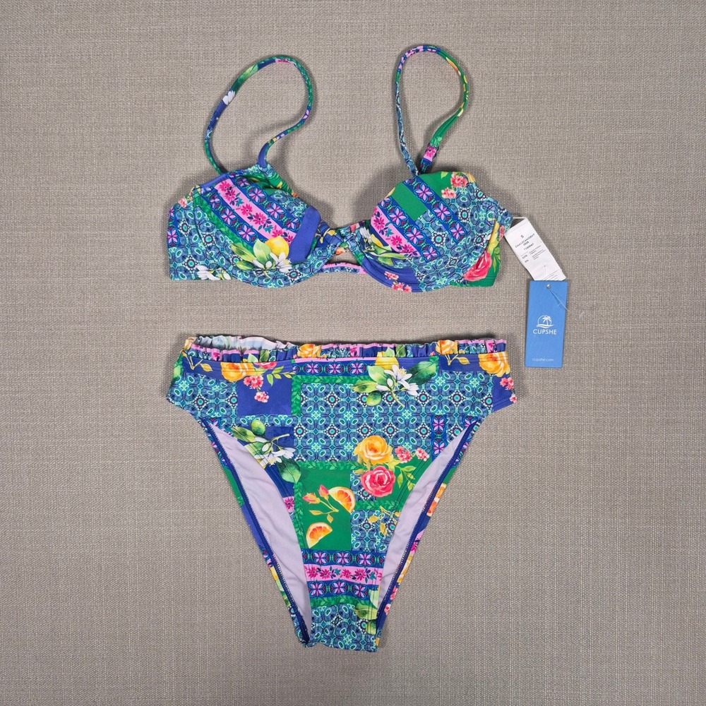 Cupshe Women Floral Citrus Patchwork High Waisted Cheeky Bikini Set Blue Green S